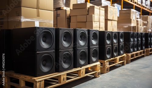 A Group of Large Subwoofers on Pallets in a Warehouse photo