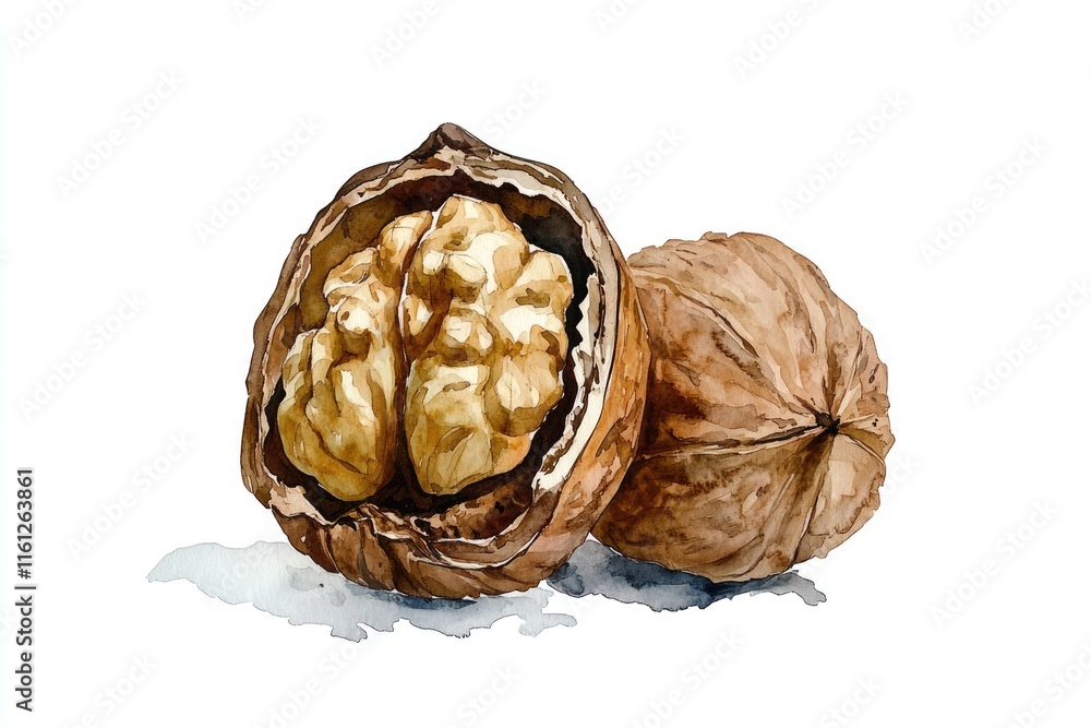 Fototapeta premium A illustration of a walnut fruit and its shell, useful for educational or design purposes