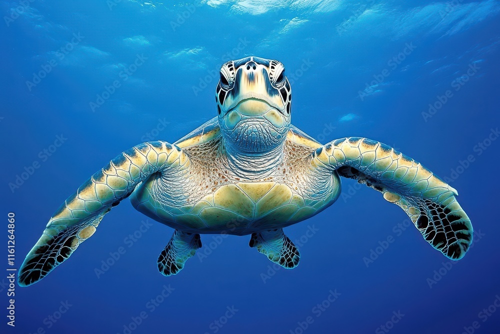 Obraz premium A sea turtle glides effortlessly through the pristine blue waters of the ocean, showcasing its vibrant shell and gentle movements in the midday light.