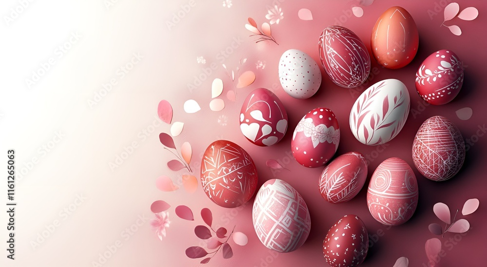 A vibrant Easter arrangement featuring a collection of red, pink and white eggs decorated with intricate designs including hearts, flowers, geometric lines and abstract designs. The eggs are elegantly A vibrant Easter arrangement featuring a collection of red, pink and white eggs decorated with intricate designs including hearts, flowers, geometric lines and abstract designs. The eggs are elegantly