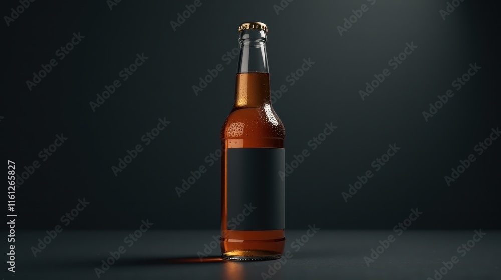 Chilled amber beer bottle with blank label against dark background, showcasing condensation droplets for a refreshing look Chilled amber beer bottle with blank label against dark background, showcasing condensation droplets for a refreshing look