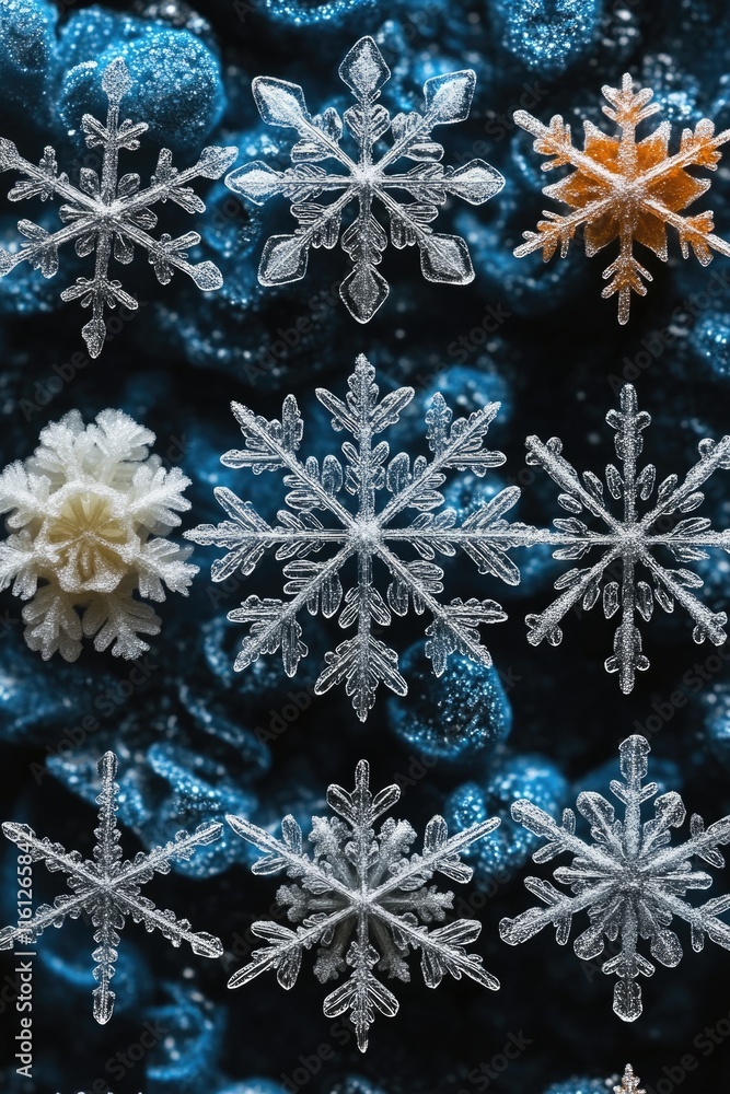 A group of snowflakes sit together on a cold winter surface A group of snowflakes sit together on a cold winter surface
