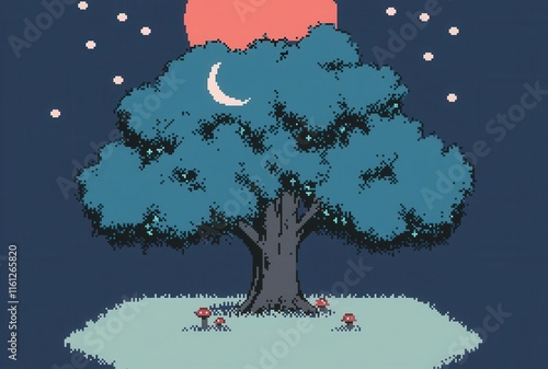 A charming 8-bit pixel art of a glowing pixelated enchanted forest tree with pixelated glowing vines, tiny sparkling mushrooms growing around its base, and a glowing crescent moon above under  photo