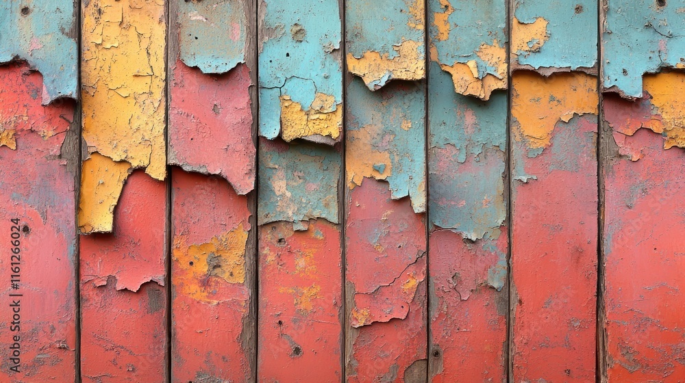 A weathered wooden surface with vibrant, peeling paint in blue, orange, and red hues. A weathered wooden surface with vibrant, peeling paint in blue, orange, and red hues.