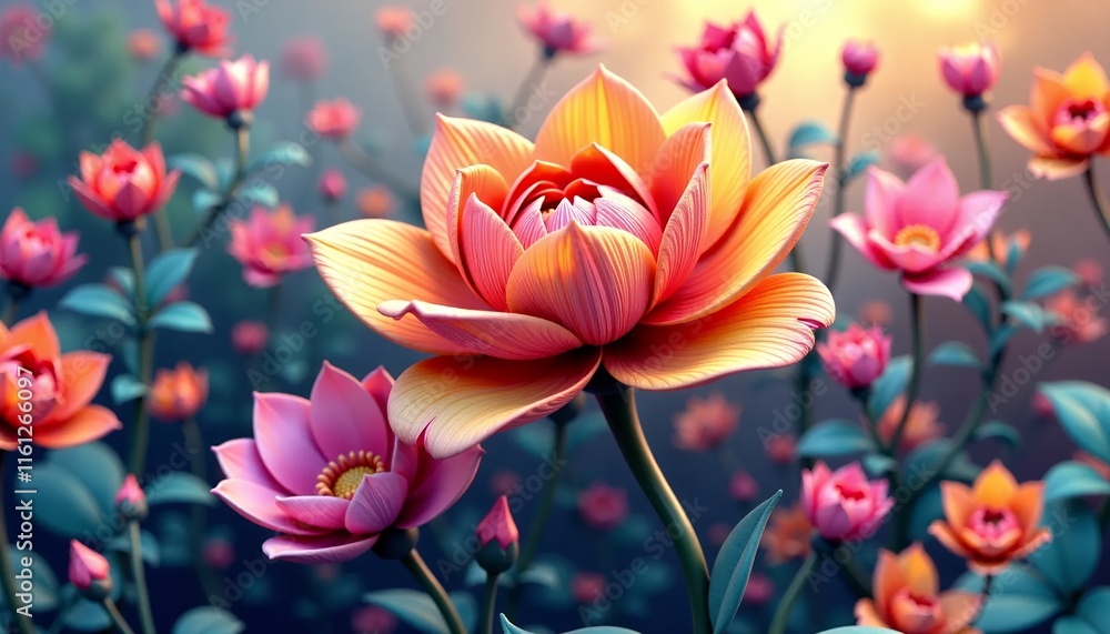 Pink and orange lotus flowers bloom in a dreamy garden, Pink and orange lotus flowers bloom in a dreamy garden,