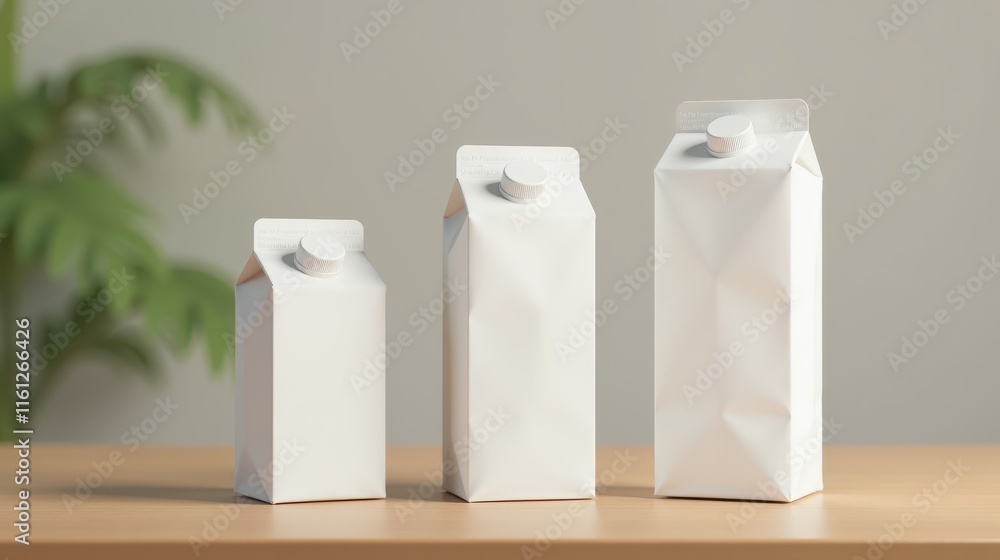 Three blank milk cartons of varying sizes on a wooden surface, set against a neutral background, showcasing minimalist packaging design Three blank milk cartons of varying sizes on a wooden surface, set against a neutral background, showcasing minimalist packaging design