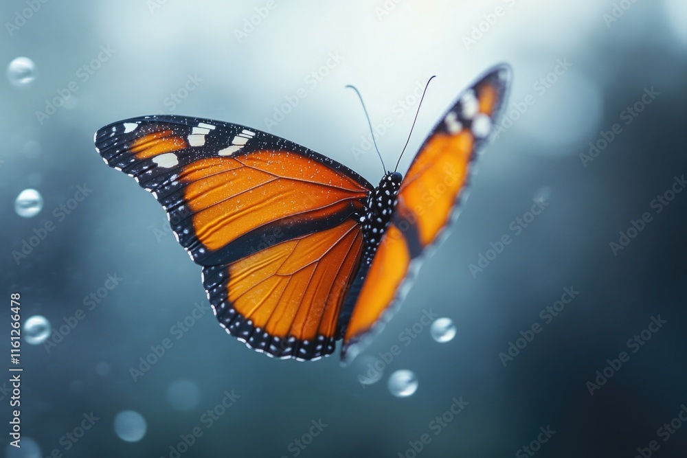 Obraz premium A butterfly flies through a window with water droplets on the glass