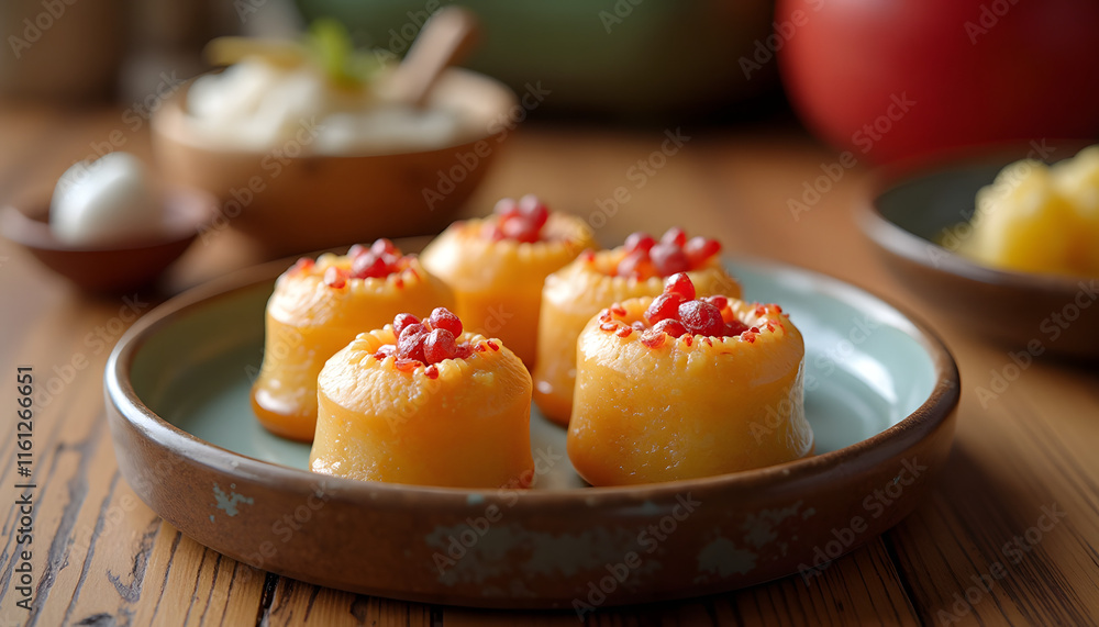Delicious traditional Chinese desserts for Lunar New Year, festive plate, vibrant colors, copy space
Delicious traditional Chinese desserts for Lunar New Year, festive plate, vibrant colors, copy space