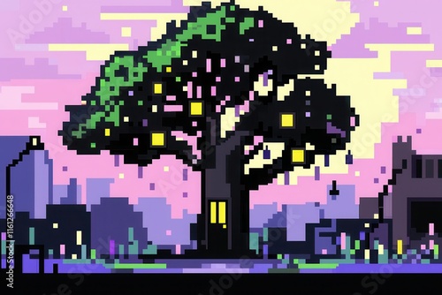 Wallpaper Mural A charming 8-bit pixel art of a glowing pixelated magical tree with tiny glowing doors and windows in its trunk, surrounded by pixelated glowing lanterns hanging from its branches and a pastel  Torontodigital.ca
