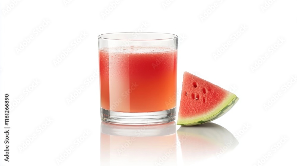 A refreshing glass of watermelon juice with a slice beside it. A refreshing glass of watermelon juice with a slice beside it.