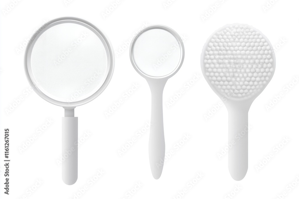 Three brushes and a magnifying glass sit on a wooden table, ready for use Three brushes and a magnifying glass sit on a wooden table, ready for use