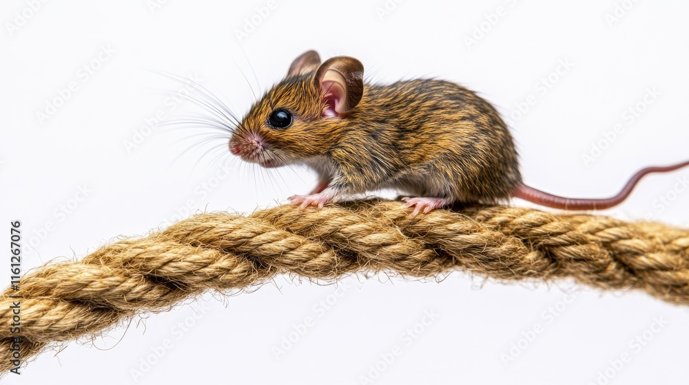 Obraz premium A small brown mouse perched on a rope against a white background.