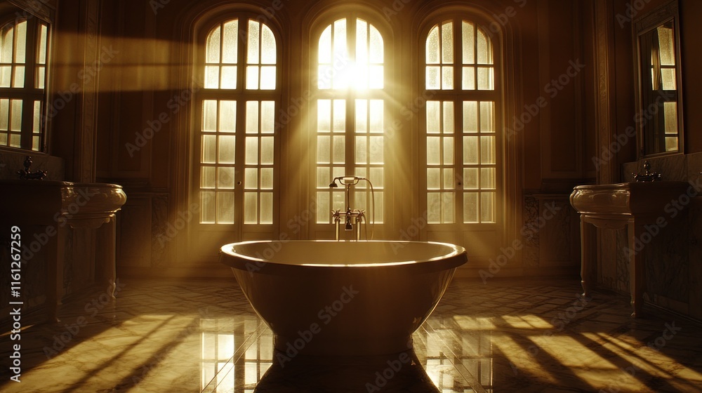 Obraz premium Sunlit Serenity: A Luxurious Bathroom bathed in Golden Light