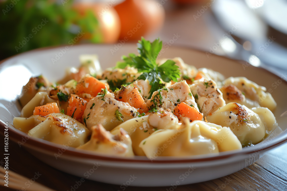 Design a mouthwatering panorama of a succulent chicken dumpling with a rich filling Design a mouthwatering panorama of a succulent chicken dumpling with a rich filling