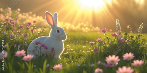 Easter Bunny in Golden Sunrise Glow, Surrounded by Blooming Wildflowers
