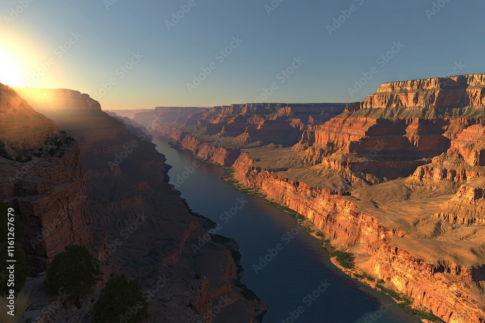 Fototapeta premium A stunning view of the Grand Canyon at sunset, showcasing its majestic cliffs and river.