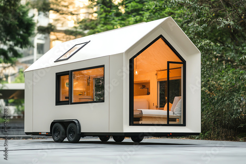 Design avant-garde tiny home doors , windows, worms-eye view, sleek white background photo