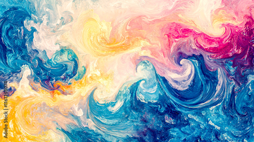 An eye-catching, vibrant abstract background featuring swirling waves in shades of pink, blue, and yellow An eye-catching, vibrant abstract background featuring swirling waves in shades of pink, blue, and yellow