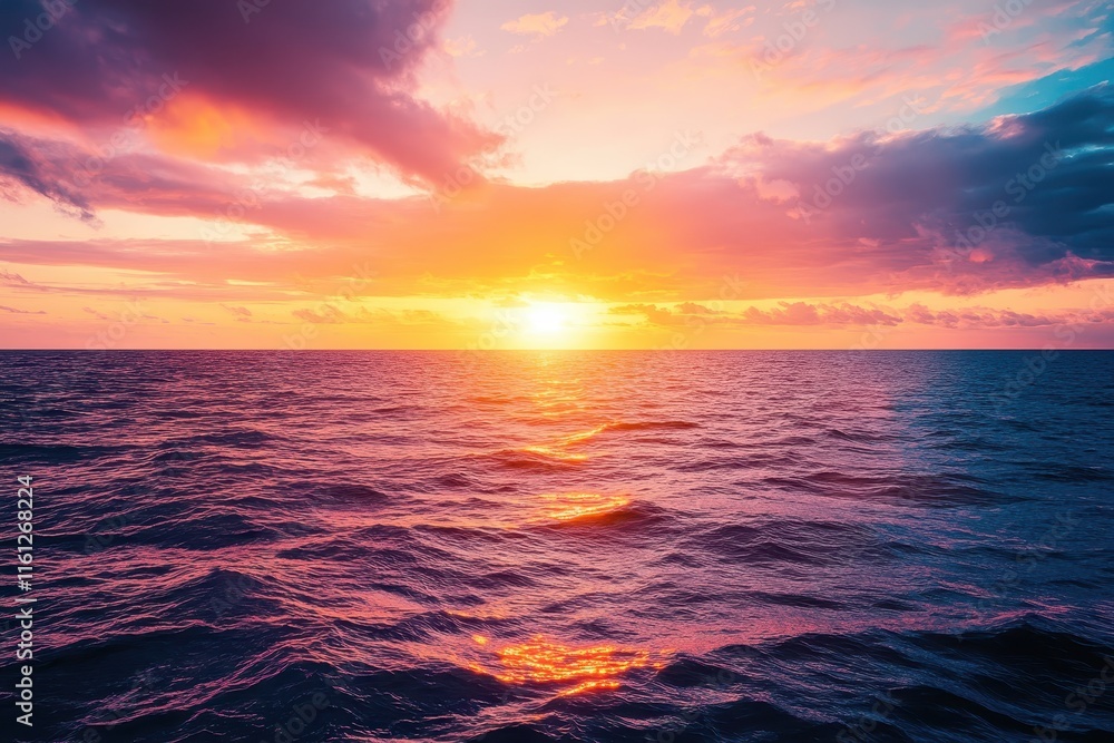 Fototapeta premium The sun sets on the horizon, painting the sky with brilliant orange and pink hues while gentle waves ripple across the ocean surface, creating a peaceful ambiance.