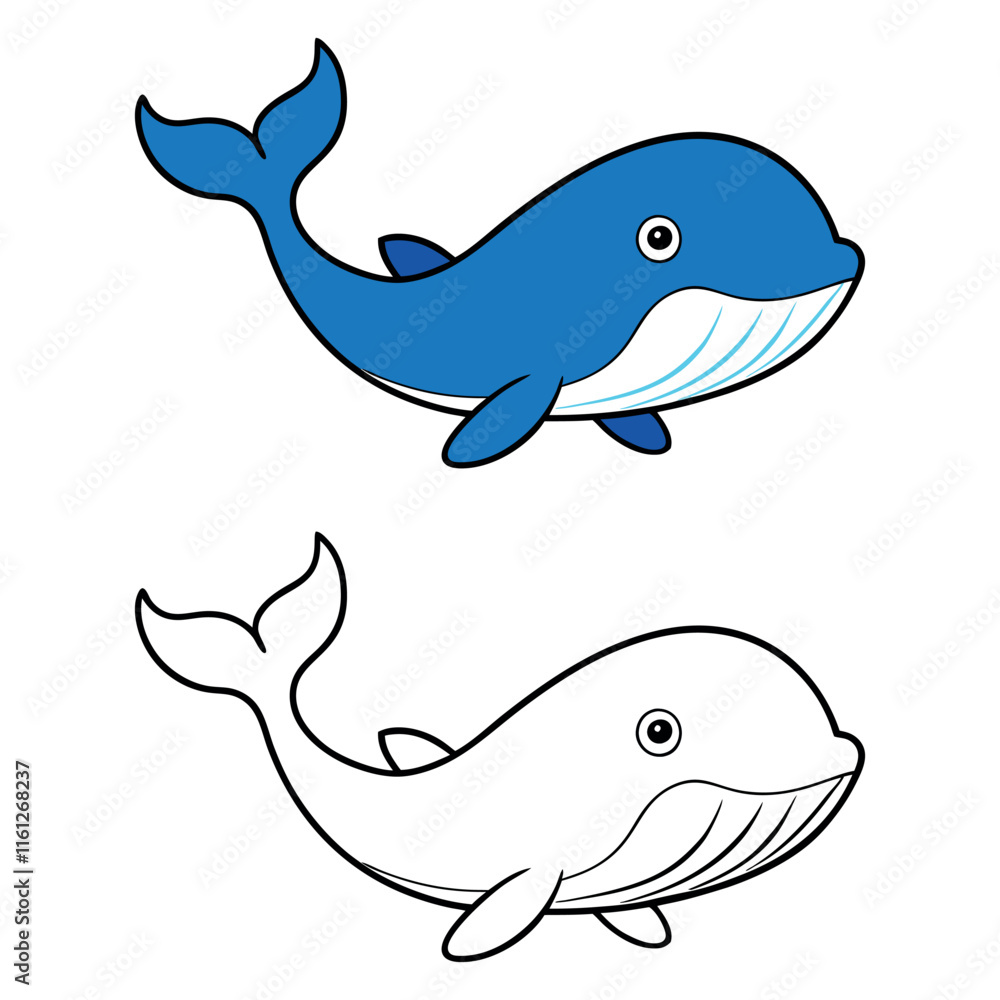 Blue Whale Cartoon and Line Drawing Illsutartion Blue Whale Cartoon and Line Drawing Illsutartion