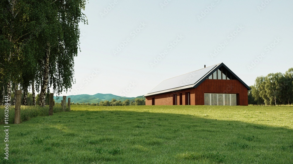 Exterior of modular barn house. 3d illustration Exterior of modular barn house. 3d illustration