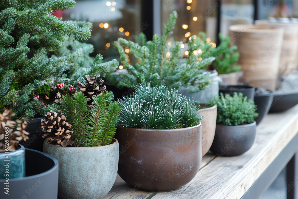 Fototapeta premium Elevate your seasonal decor with winter plants and pots, adding a touch of nature to any setting