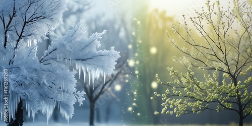 Winter to Spring: Frosty Trees and Budding Branches in a Cinematic Scene
