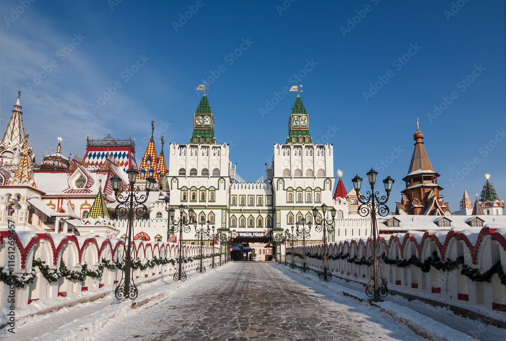 Winter views of the Izmailovo Kremlin, the well known tourist attraction. Moscow, Russia