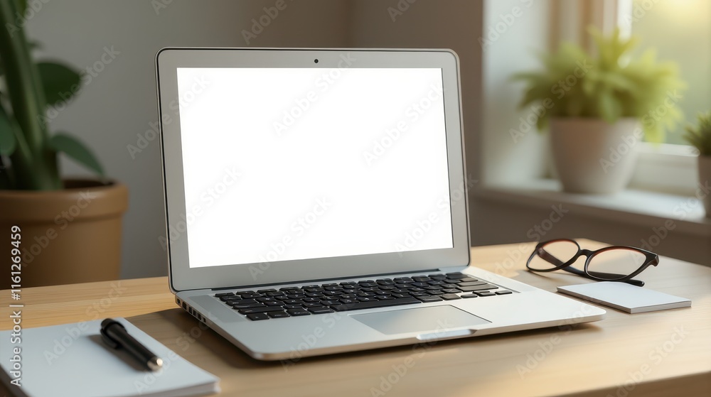 A sleek laptop rests on a wooden desk beside a pen and notepad, set against a blurred window view with greenery A sleek laptop rests on a wooden desk beside a pen and notepad, set against a blurred window view with greenery