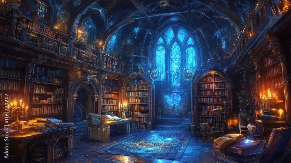 Fototapeta premium Enchanting fantasy library mysterious castle digital artwork dark atmosphere wide angle imagination and knowledge