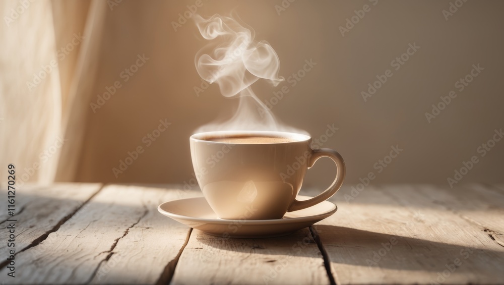 Fototapeta premium Steaming Hot Coffee Cup on Rustic Wood Table