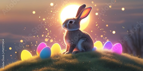 Charming Easter Bunny with Glowing Easter Eggs on a Sunrise Hill
