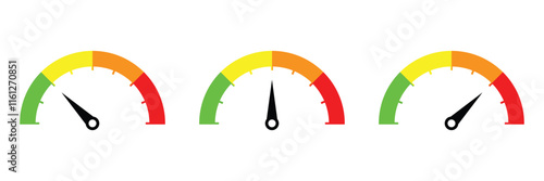 Speedometer icon with arrow. Meter for dashboard with green, yellow, red indicators. Speedometer vector icons. Speed scale. Slow, medium, good and maximum indicator. Gauge dashboard credit score level
