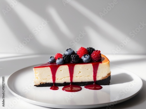 Slices of creamy cheesecake topped with mixed berries and fruit sauce on a plate photo