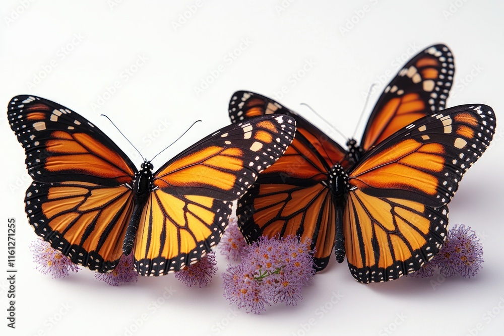 Fototapeta premium Two orange butterflies sit on top of a vibrant purple flower, capturing the beauty of nature