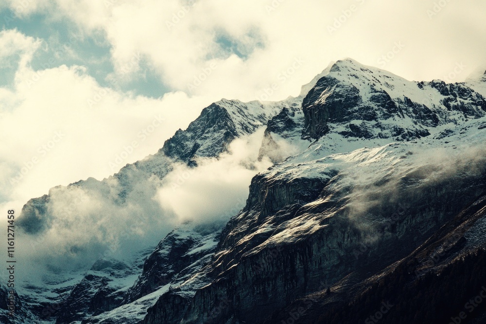 Obraz premium A majestic mountain landscape with thick snow cover and cloudy skies