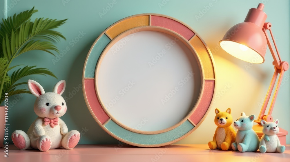 Fototapeta premium Cute pig and bird figurines on a pastel desk with a pink lamp, colorful ring frame, and books, creating a playful, whimsical scene