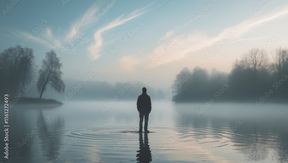 Tranquil Misty Lake at Dawn with Silhouetted Figure Tranquil Misty Lake at Dawn with Silhouetted Figure