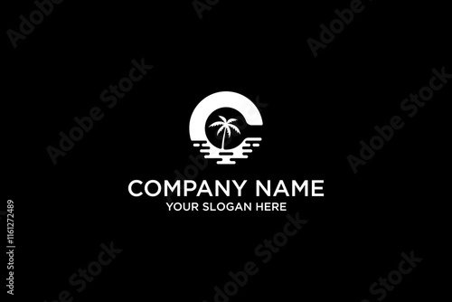 Minimalistic Logo Featuring Palm Tree With Wave and Sunset Elements photo