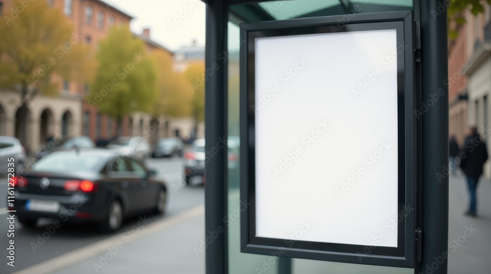 A blank urban bus stop billboard on a bustling city street offers prime advertising space amidst passing cars and pedestrians A blank urban bus stop billboard on a bustling city street offers prime advertising space amidst passing cars and pedestrians