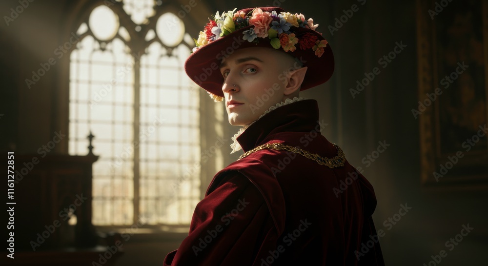 Fototapeta premium Royal Majesty: A regal figure, adorned in a crimson velvet robe and a floral crown, stands with an air of enigmatic mystery, bathed in the soft glow of a stained glass window.