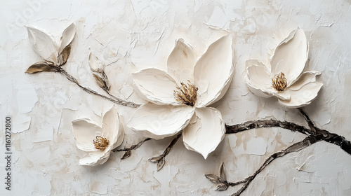 Image of the surface of a canvas with oil or acrylic paint representing magnolia flowers on a light background.