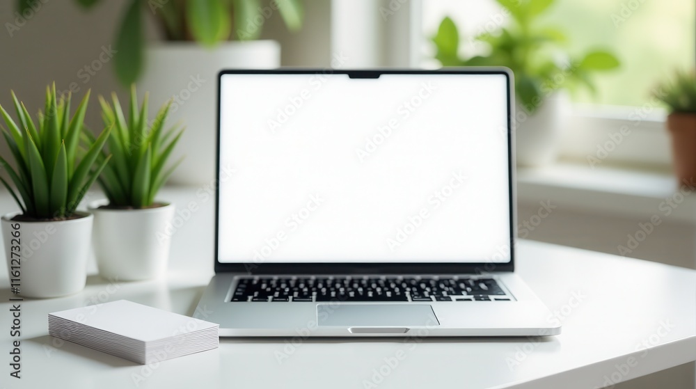 Fototapeta premium A laptop with a blank screen sits on a white desk surrounded by green potted plants and notebooks, creating a serene workspace by the window