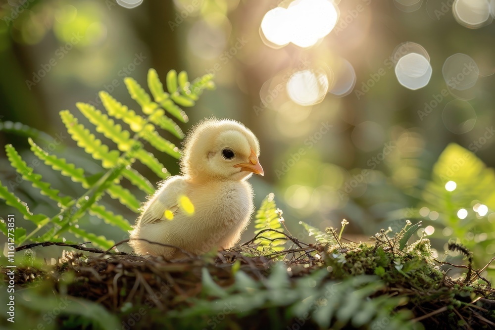 Fluffy Yellow Baby Chicken in a Nest Surrounded by Lush Greenery, Backlit by Golden Sunshine Fluffy Yellow Baby Chicken in a Nest Surrounded by Lush Greenery, Backlit by Golden Sunshine