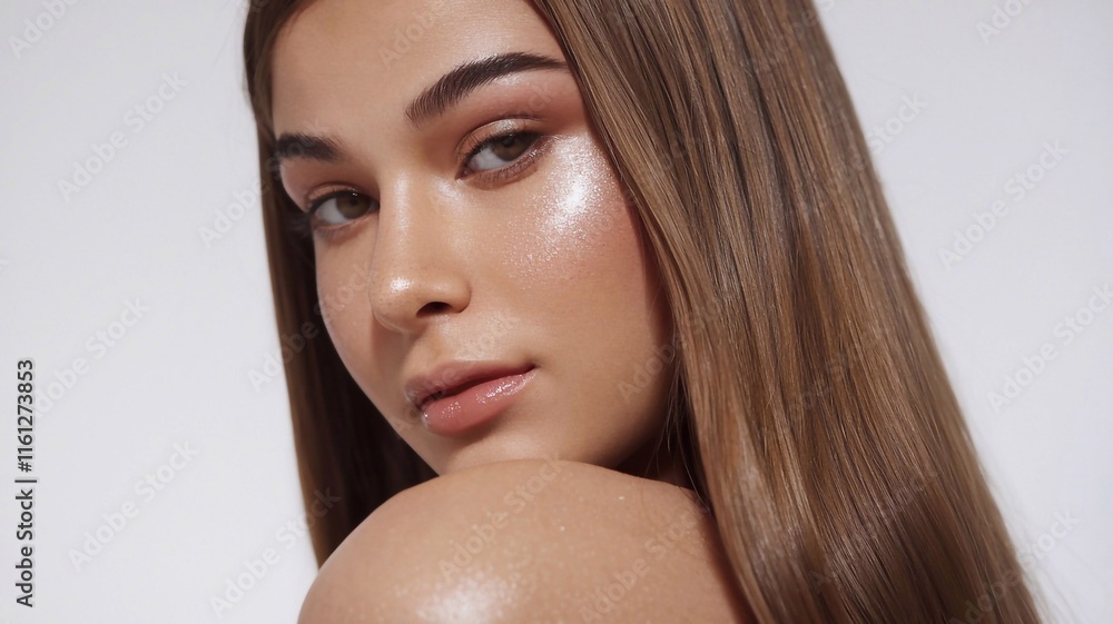 Naklejka premium Makeup. Highlighter on the skin, good shine. close up young woman, portrait of model girl with long straight shiny brown smooth healthy hair, natural beauty with smooth skin, skin care on white backgr