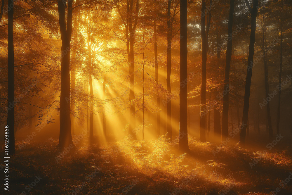 Fototapeta premium Photo réaliste d’une forêt mystique, baignée par des rayons de soleil dorés traversant les arbres, avec une légère brume s’élevant doucement du sol forestier, créant une atmosphère magique et éthérée