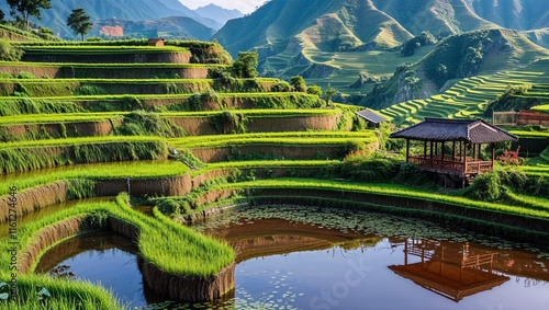 Breathtaking Mirror Reflection of Yuanyang Rice Terraces, Capturing the Majestic Beauty of Nature and the Tranquility of the Scenic Landscape photo