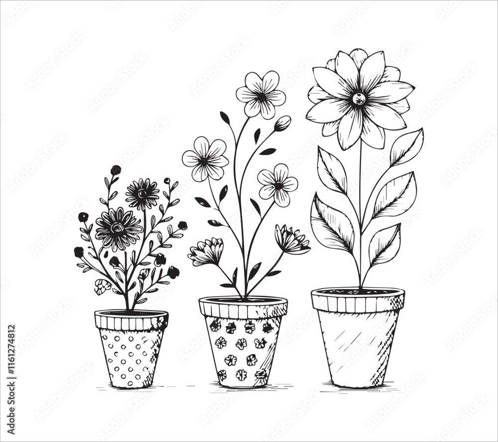 Set of continuous one line drawing of a flowers in a pots with background
Set of continuous one line drawing of a flowers in a pots with background