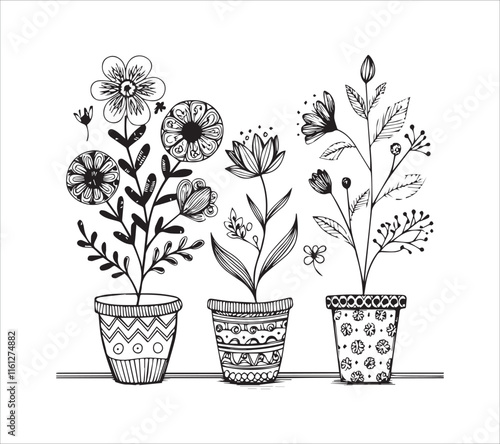 
Set of continuous one line drawing of a flowers in a pots with background