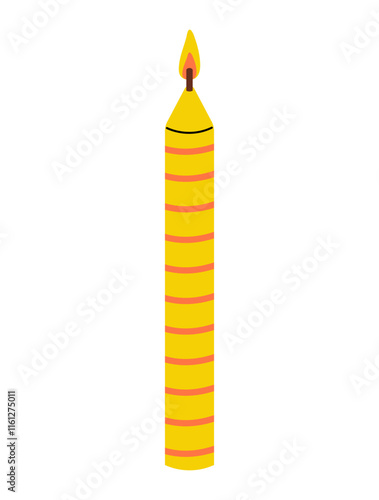 Bright yellow birthday candle with stripes and a flame burning brightly